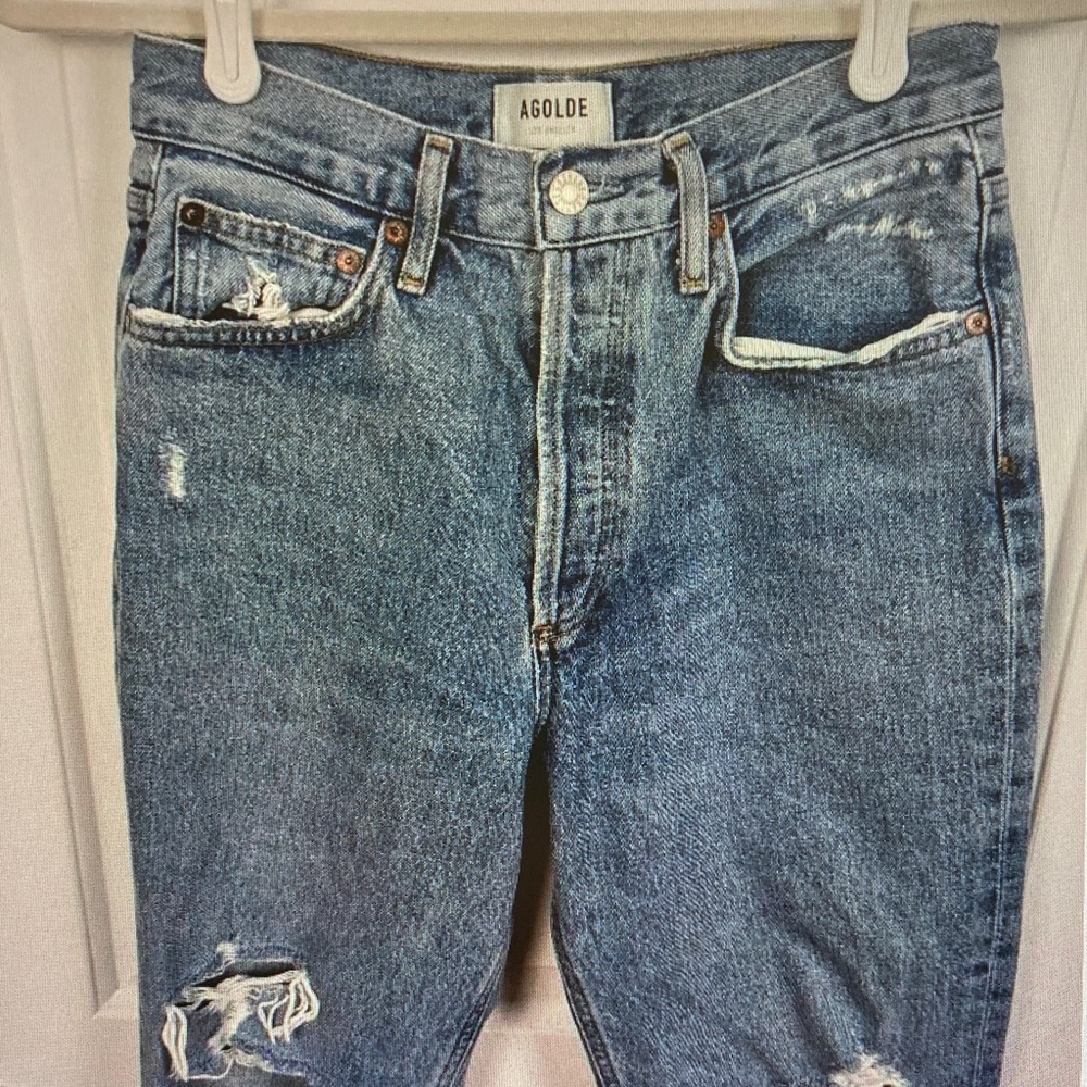 Agolde Mid-Blue Straight Leg Ripped Jeans - Picture 3 of 4